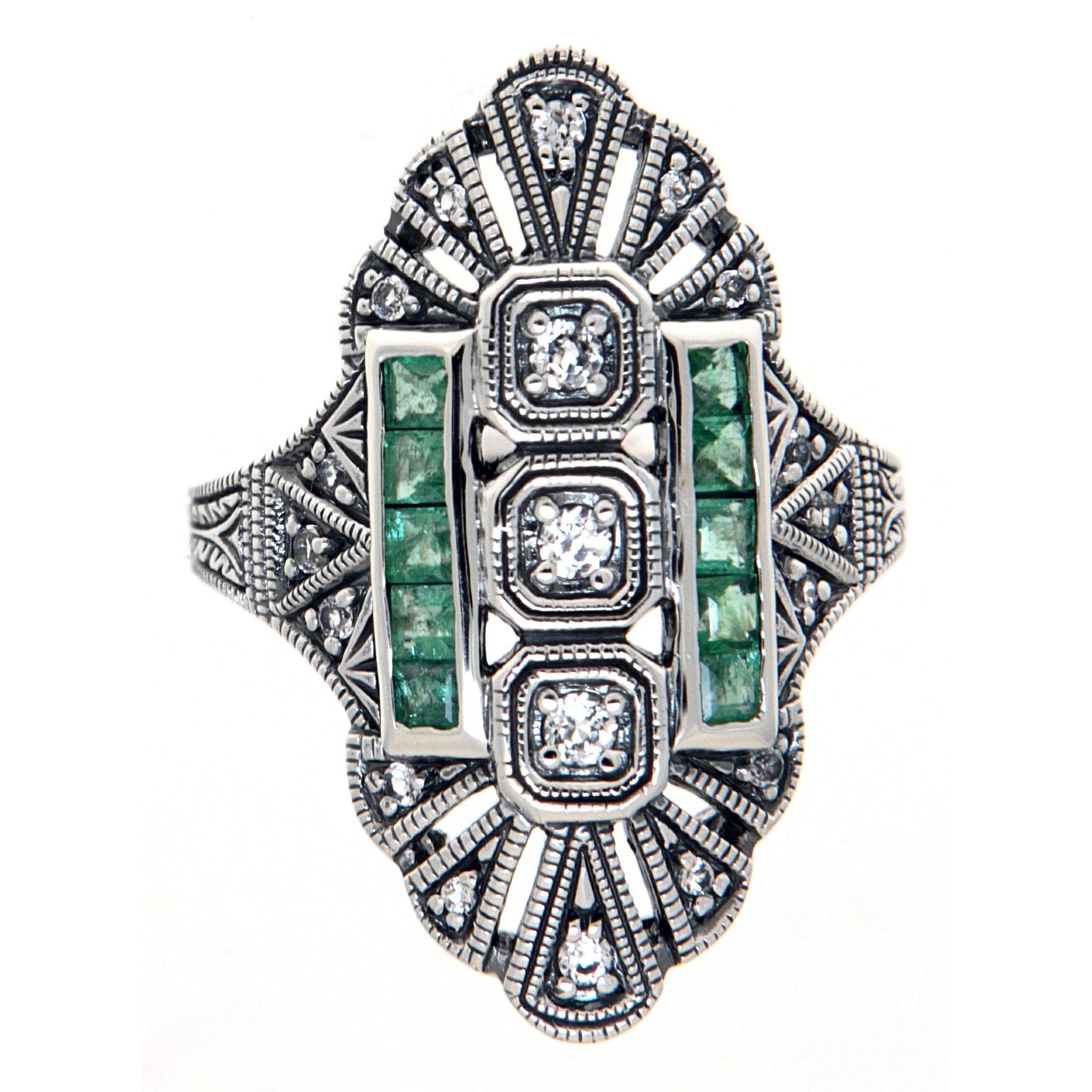 Back view of Art Deco Style White Topaz / Emerald Accent Gemstone Ring Sterling Silver showing 925 sterling silver hallmark