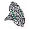Art Deco style, White Topaz, Emerald, sterling silver rings, front view