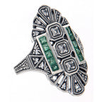 Art Deco style, White Topaz, Emerald, sterling silver rings, front view