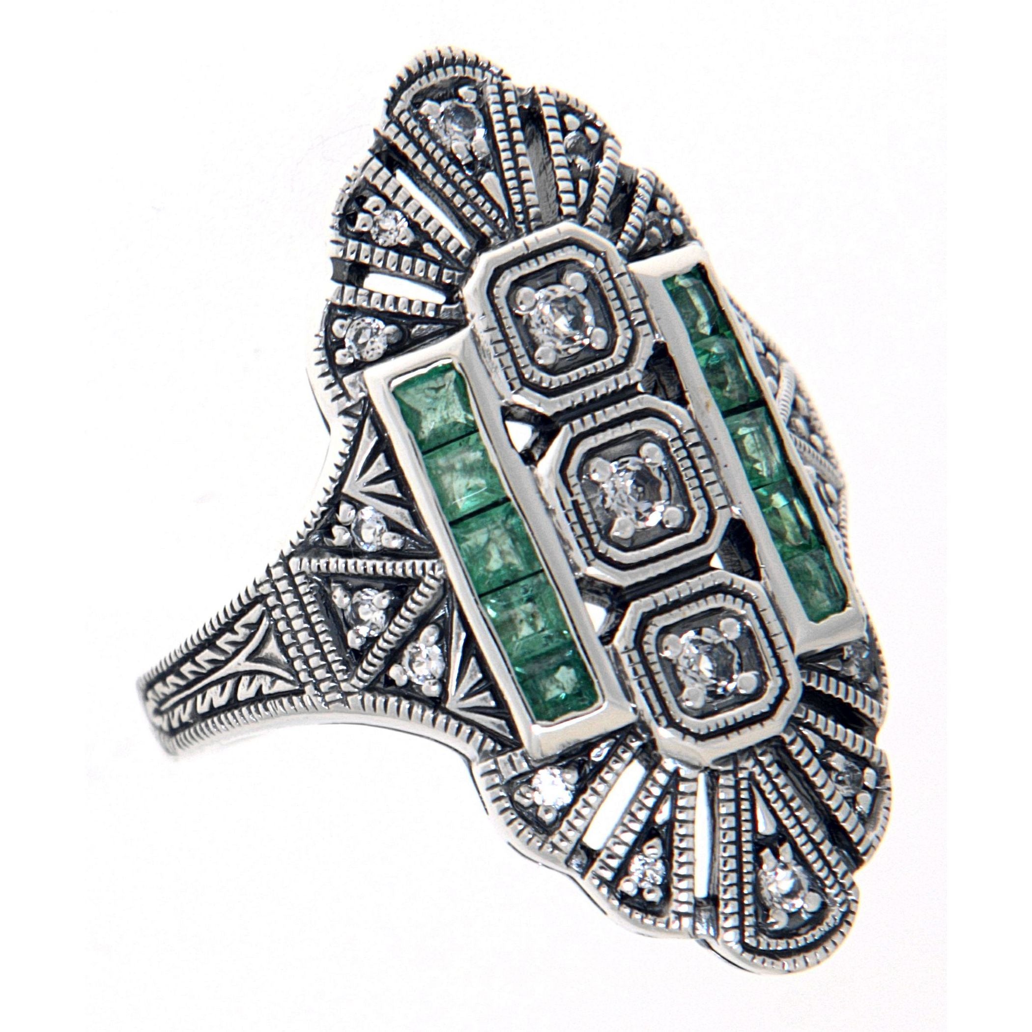 Art Deco style, White Topaz, Emerald, sterling silver rings, front view