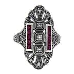 Detail view of Art Deco Style White Topaz / Red Ruby Gemstone Ring highlighting White Topaz, Ruby