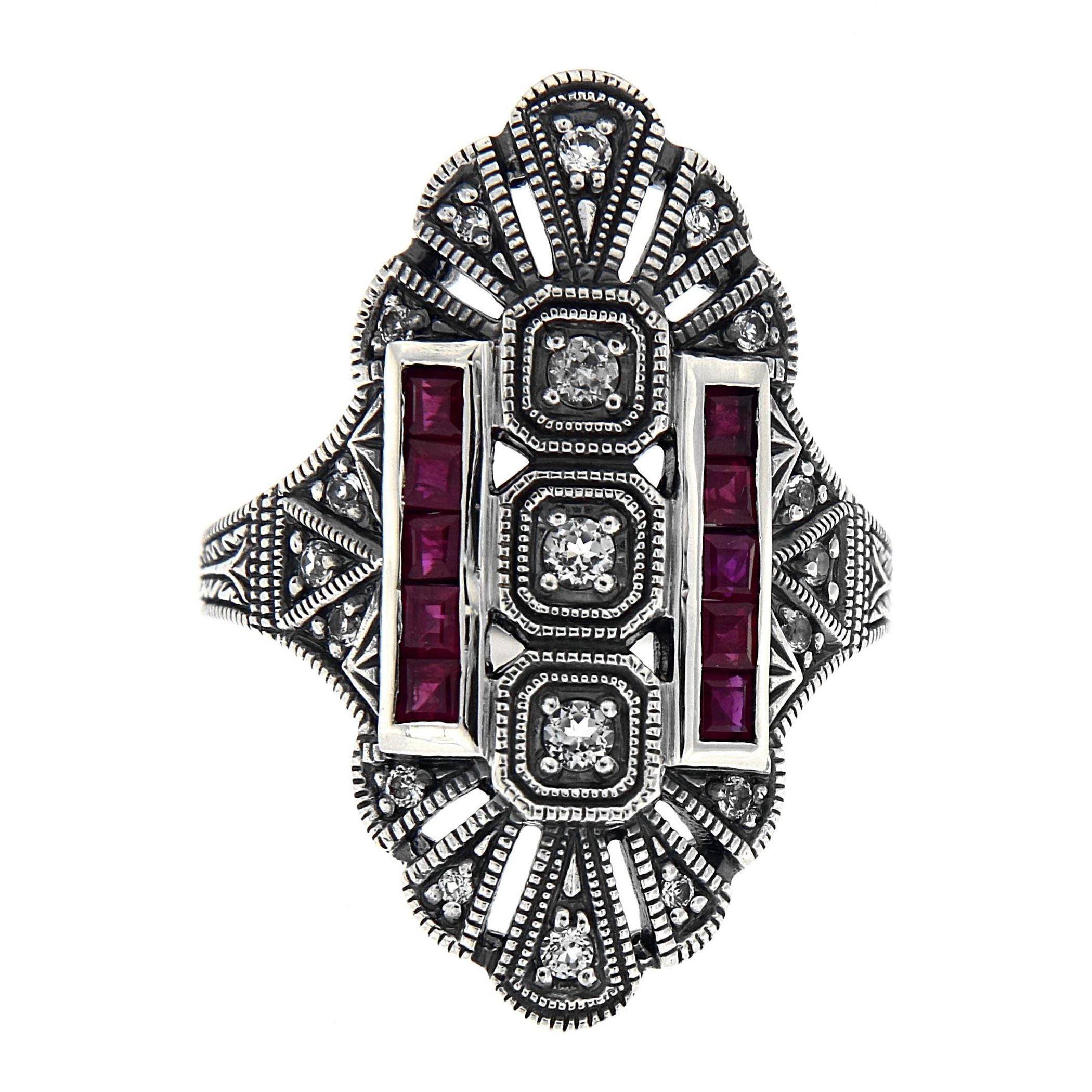 Detail view of Art Deco Style White Topaz / Red Ruby Gemstone Ring highlighting White Topaz, Ruby