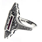 Back view of Art Deco Style White Topaz / Red Ruby Gemstone Ring showing 925 sterling silver hallmark