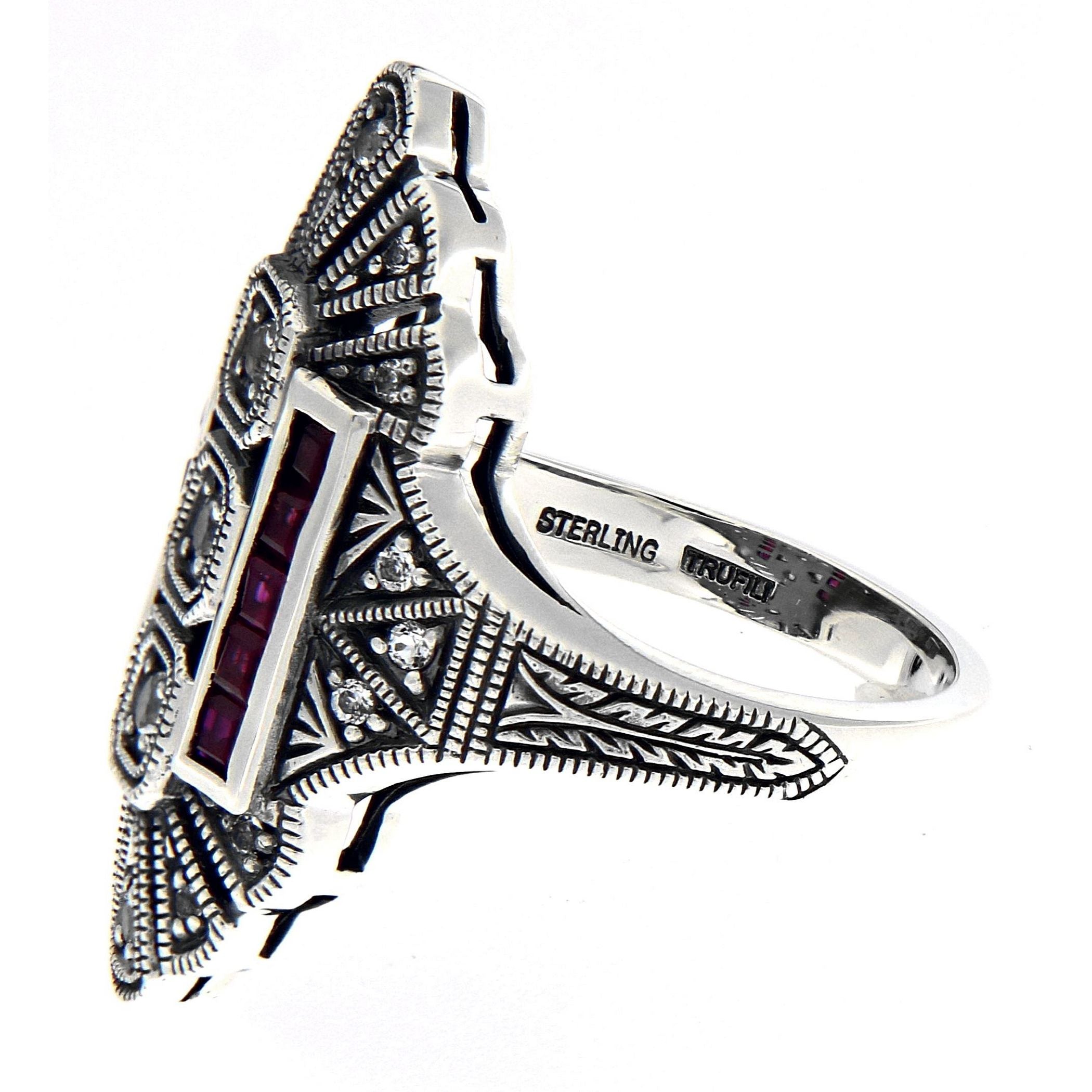 Back view of Art Deco Style White Topaz / Red Ruby Gemstone Ring showing 925 sterling silver hallmark