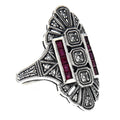 Art Deco style, White Topaz, Ruby, sterling silver rings, front view