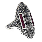 Art Deco style, White Topaz, Ruby, sterling silver rings, front view
