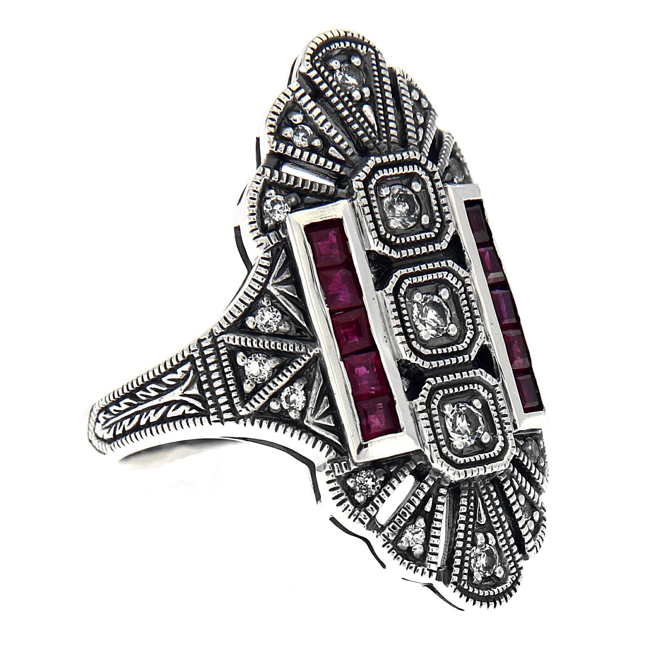 Art Deco style, White Topaz, Ruby, sterling silver rings, front view