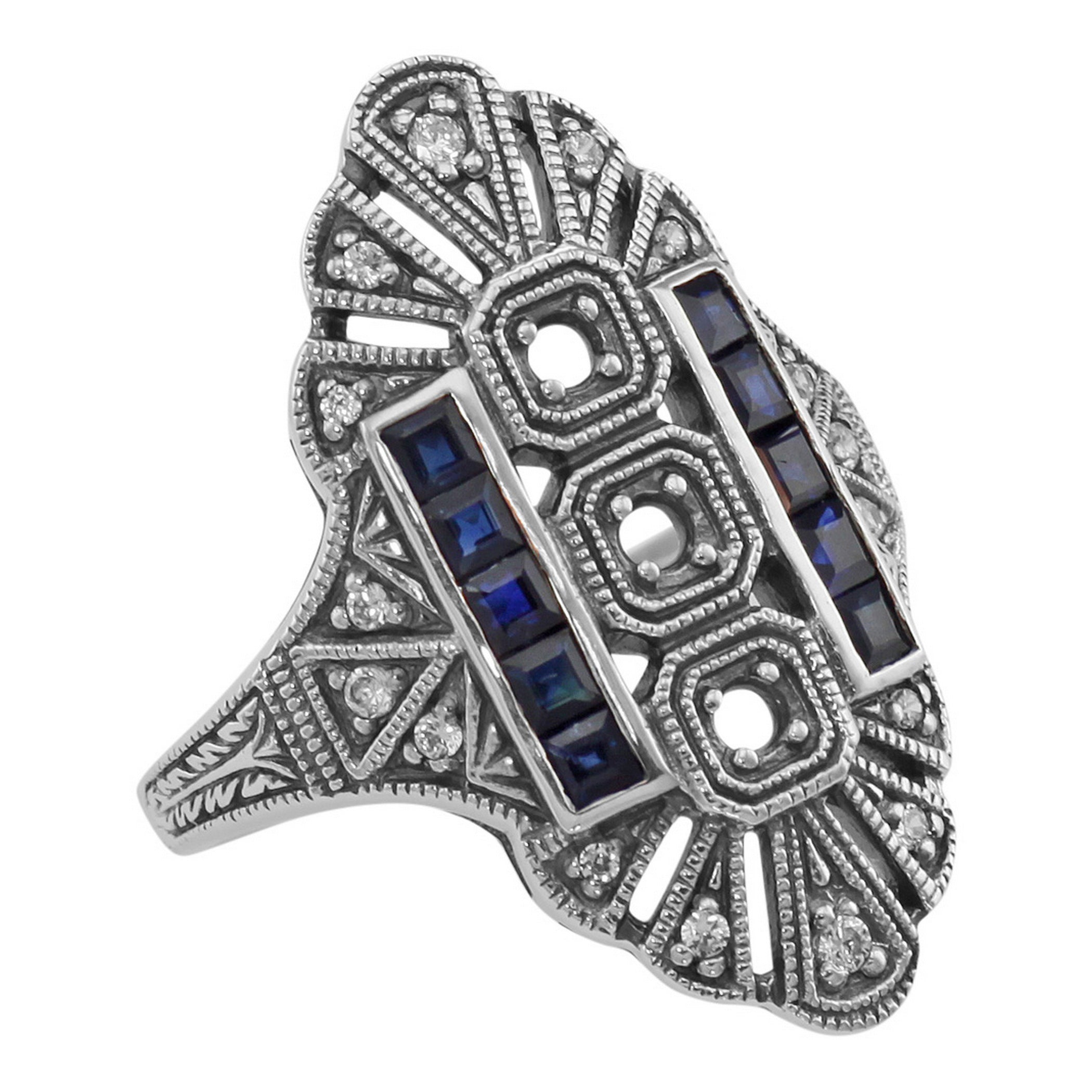 Art Deco style, Sapphire, sterling silver semi mount rings, front view