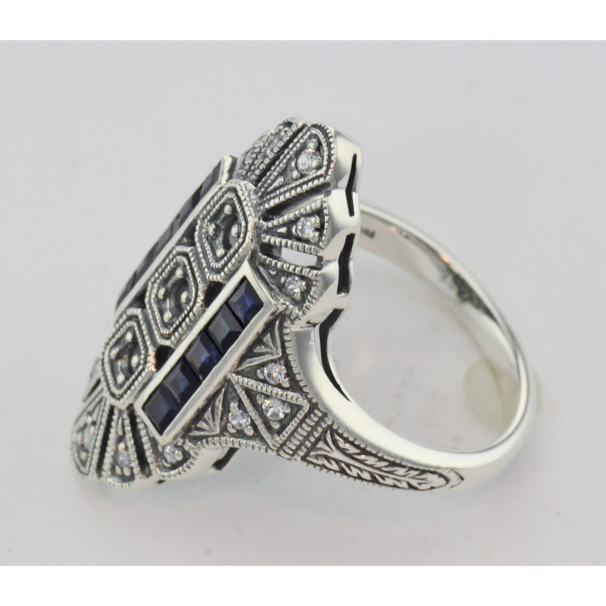 Detail view of 3 Stone Semi Mount Sapphire Ring - Art Deco Style highlighting Sapphire