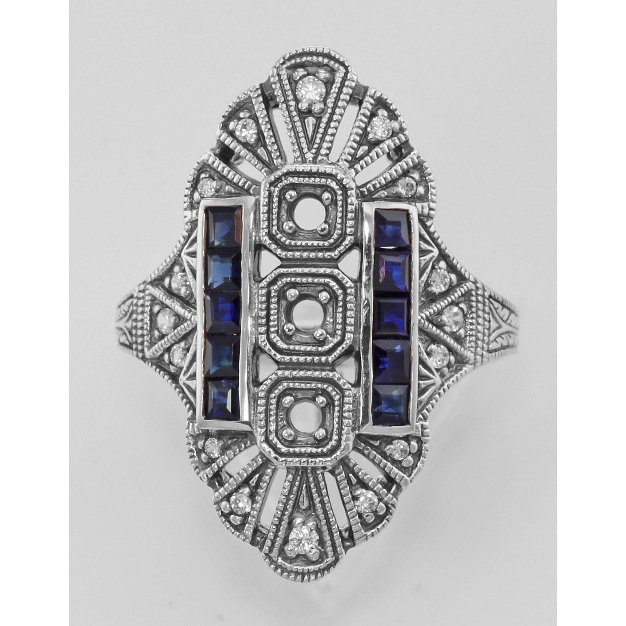 Back view of 3 Stone Semi Mount Sapphire Ring - Art Deco Style showing 925 sterling silver hallmark