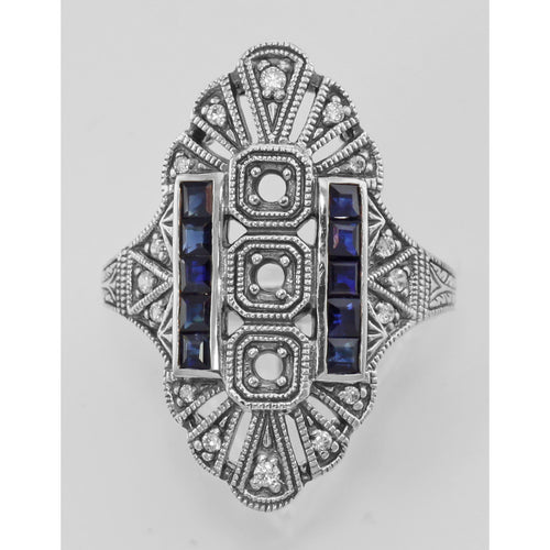 Back view of 3 Stone Semi Mount Sapphire Ring - Art Deco Style showing 925 sterling silver hallmark