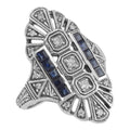 Art Deco style, White Topaz, Sapphire, sterling silver rings, front view