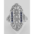 Detail view of Art Deco Style White Topaz / Genuine Blue Sapphire Ring highlighting White Topaz, Sapphire