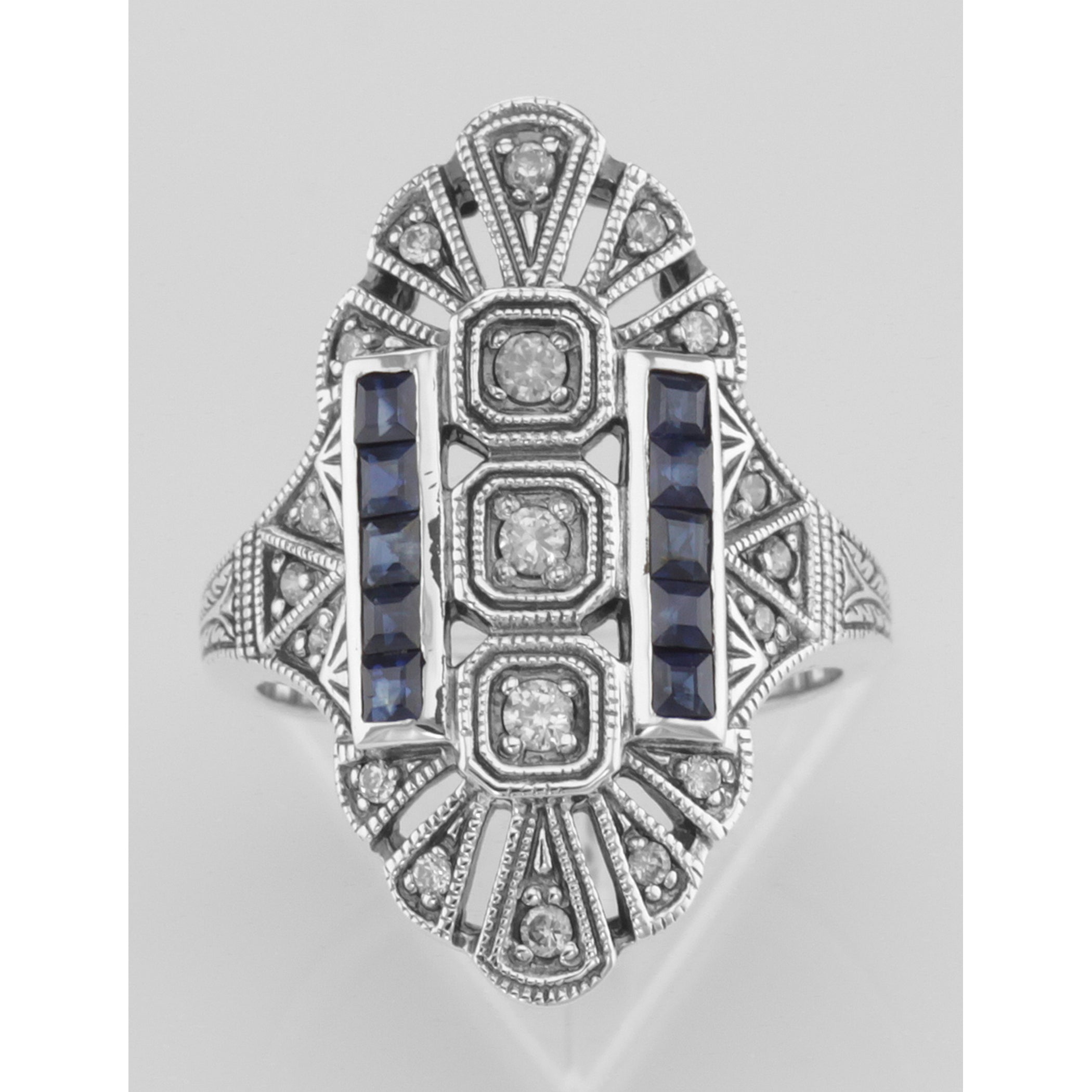 Detail view of Art Deco Style White Topaz / Genuine Blue Sapphire Ring highlighting White Topaz, Sapphire