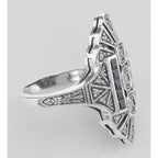 Back view of Art Deco Style White Topaz / Genuine Blue Sapphire Ring showing 925 sterling silver hallmark