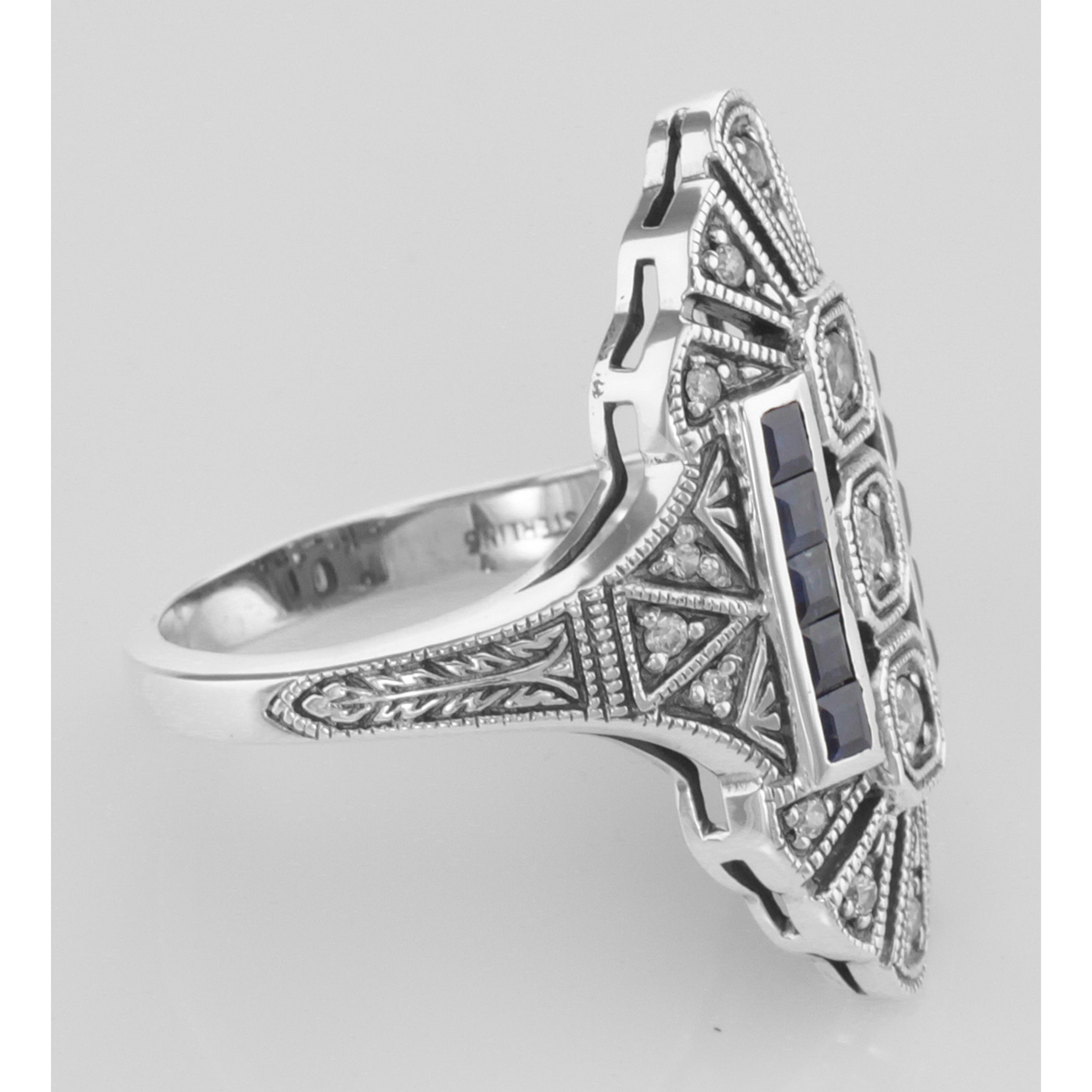Back view of Art Deco Style White Topaz / Genuine Blue Sapphire Ring showing 925 sterling silver hallmark