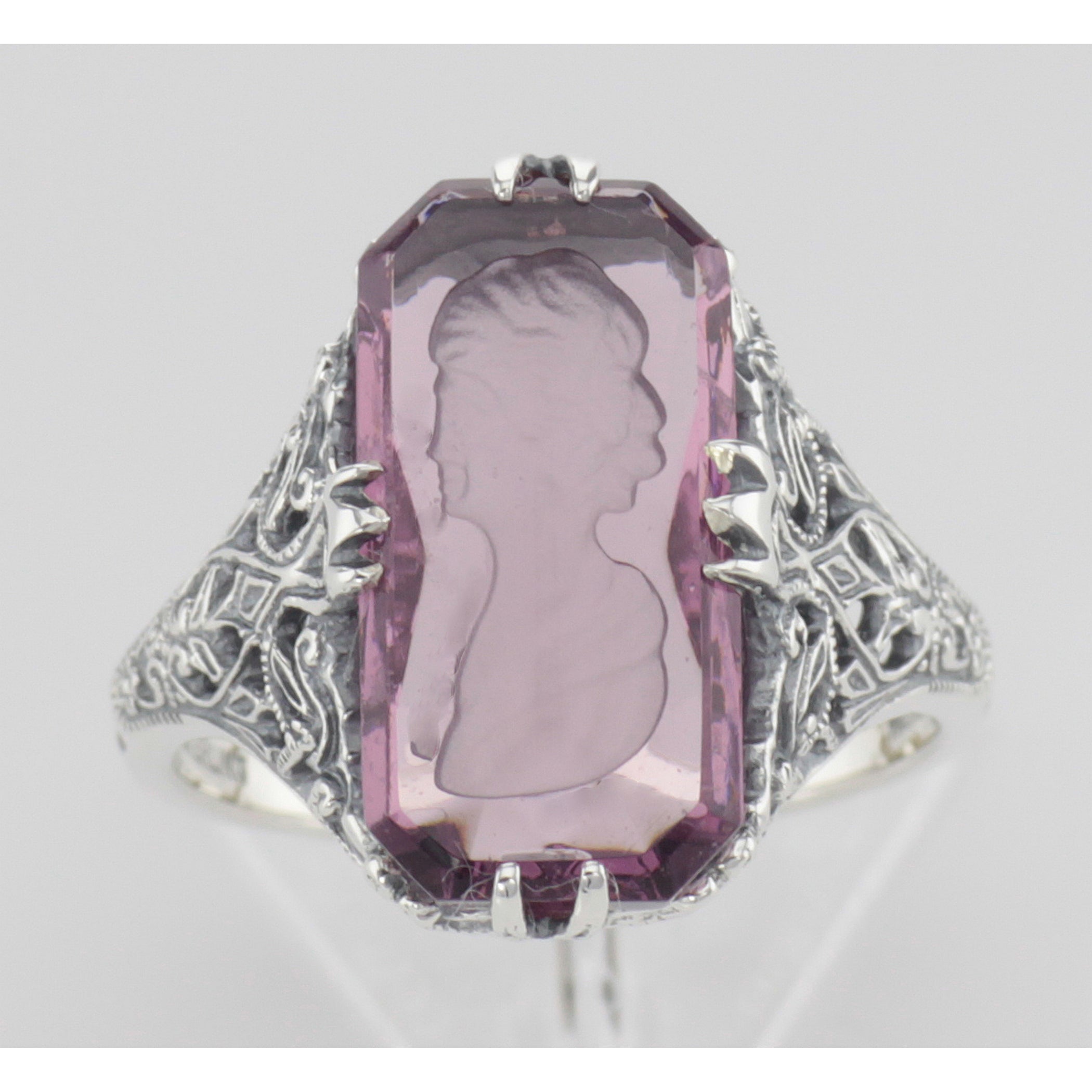 Detail view of Roman Style Amethyst Crystal Reverse Intaglio Ring Sterling Silver highlighting Amethyst, Crystal