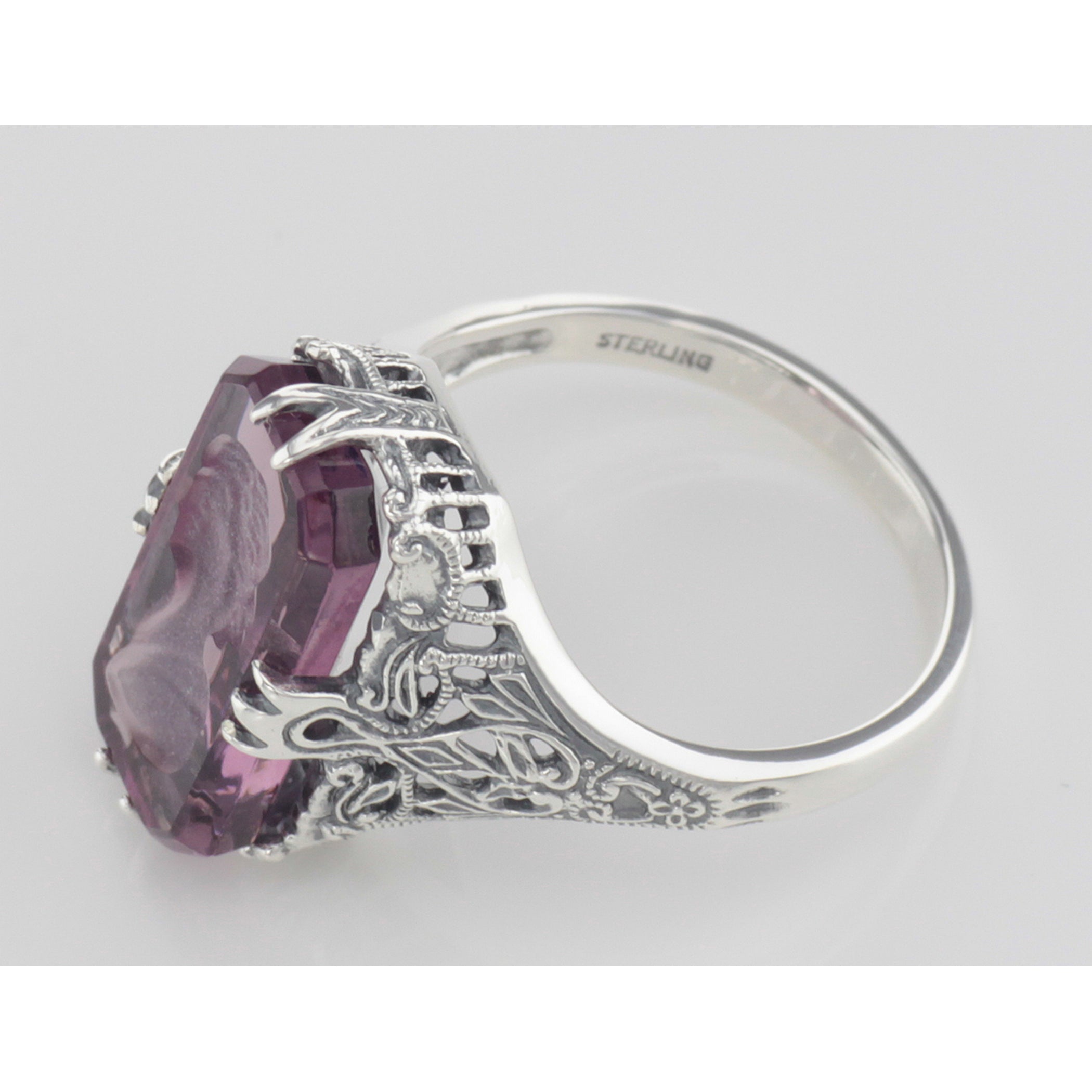 Back view of Roman Style Amethyst Crystal Reverse Intaglio Ring Sterling Silver showing 925 sterling silver hallmark