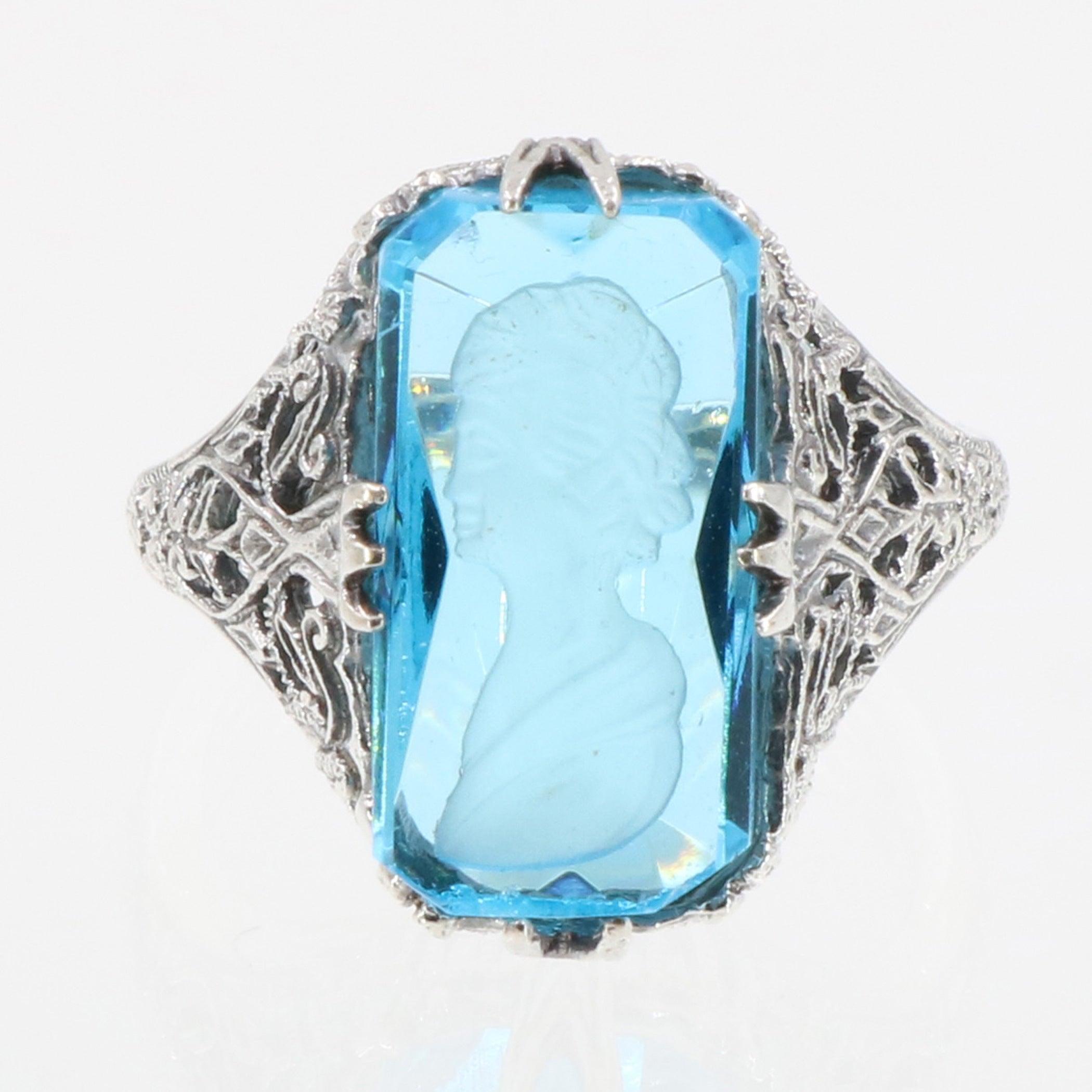 Detail view of Roman Style Blue Crystal Reverse Intaglio Filigree Ring Sterling Silver highlighting Crystal