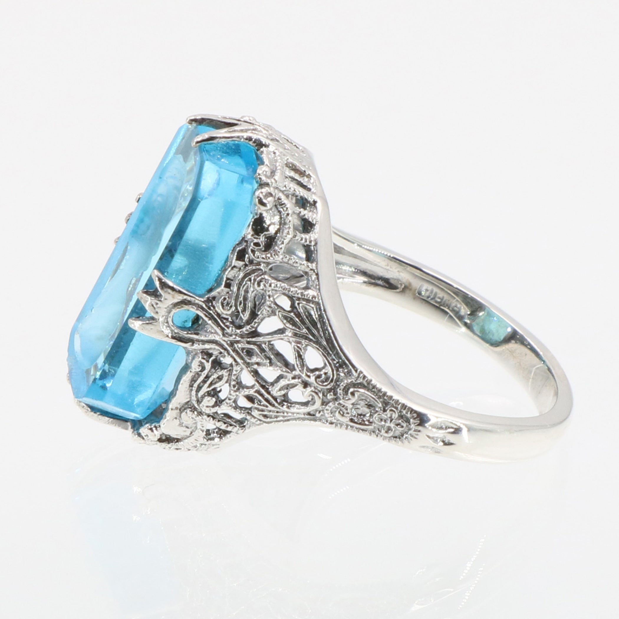 Back view of Roman Style Blue Crystal Reverse Intaglio Filigree Ring Sterling Silver showing 925 sterling silver hallmark