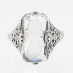 Back view of Roman Style Clear Crystal Reverse Intaglio Filigree Ring showing 925 sterling silver hallmark