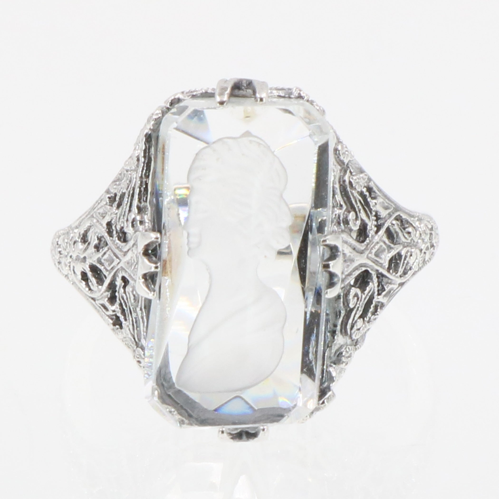 Back view of Roman Style Clear Crystal Reverse Intaglio Filigree Ring showing 925 sterling silver hallmark
