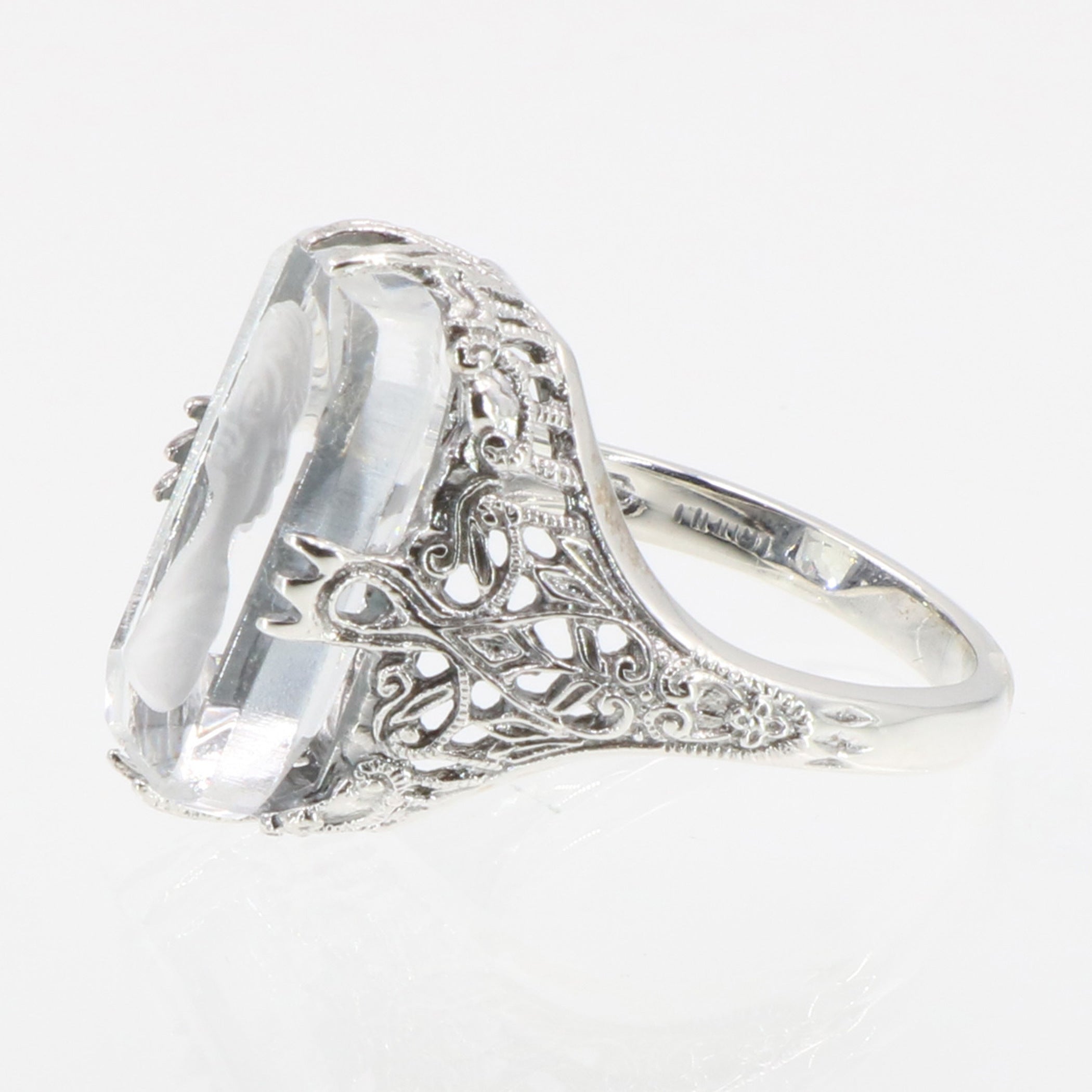 Detail view of Roman Style Clear Crystal Reverse Intaglio Filigree Ring highlighting Crystal