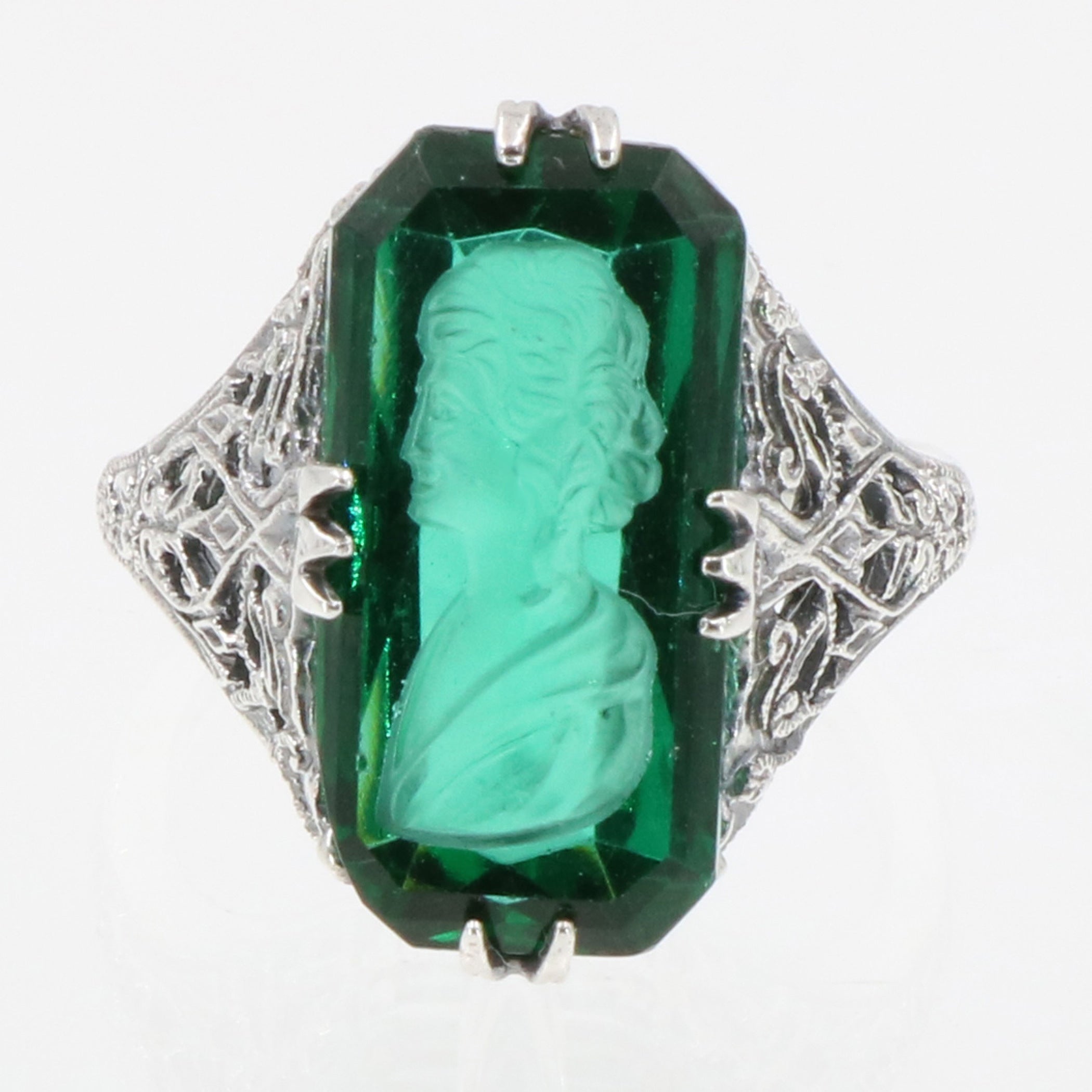 Back view of Roman Style Emerald Crystal Reverse Intaglio Filigree Ring Sterling Silver showing 925 sterling silver hallmark