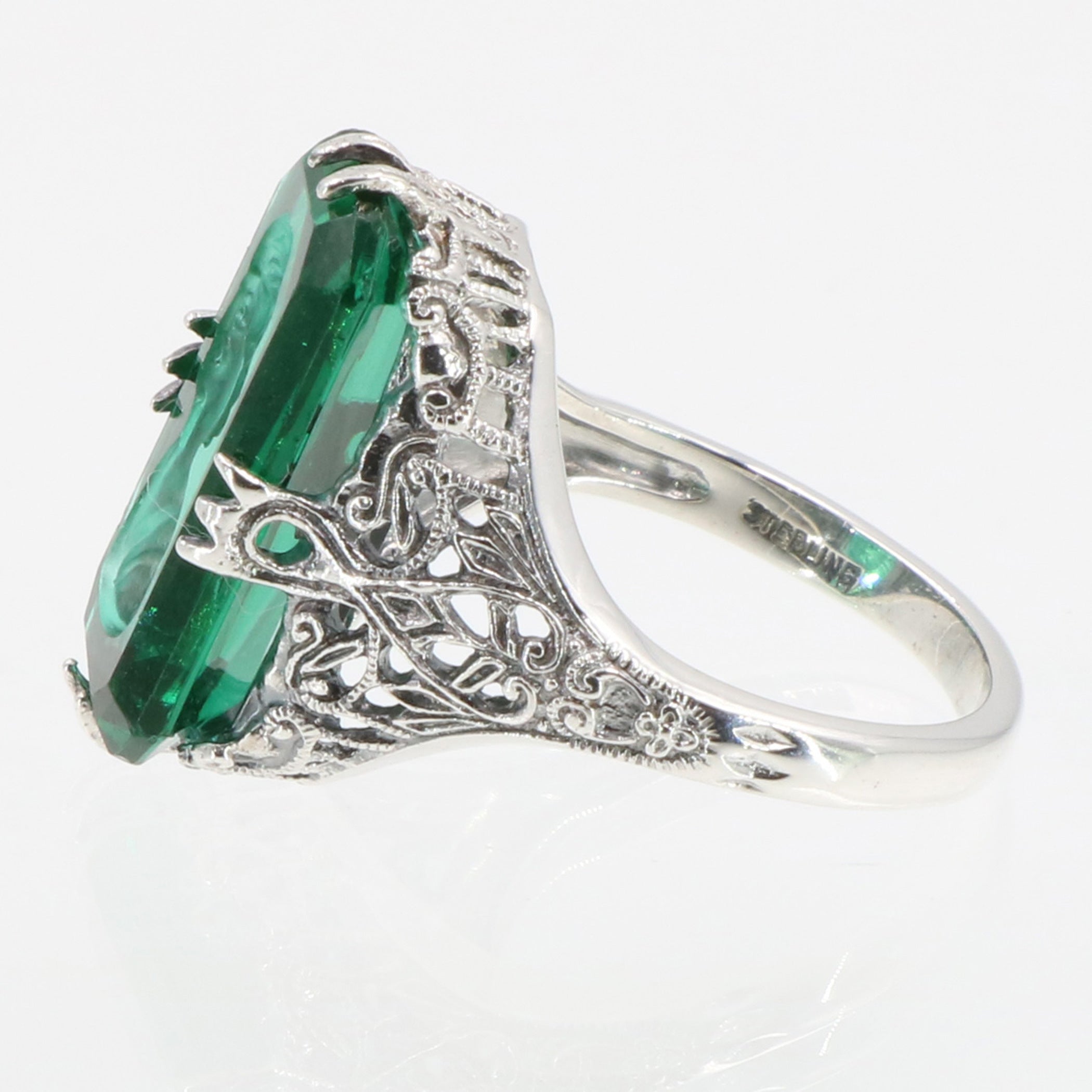Detail view of Roman Style Emerald Crystal Reverse Intaglio Filigree Ring Sterling Silver highlighting Emerald, Crystal
