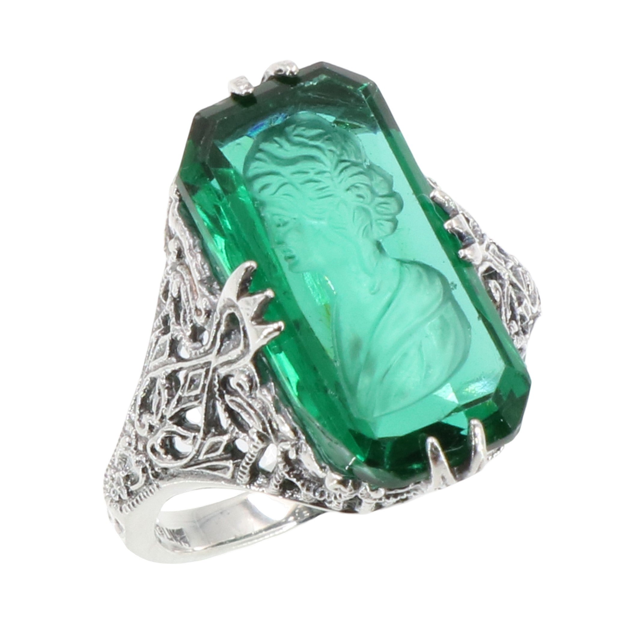 Filigree, Emerald, Crystal, sterling silver rings, front view