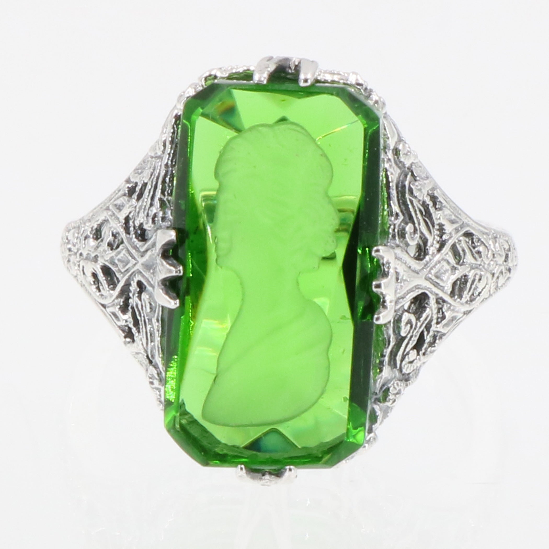 Back view of Roman Style Green Crystal Reverse Intaglio Filigree Ring Sterling Silver showing 925 sterling silver hallmark