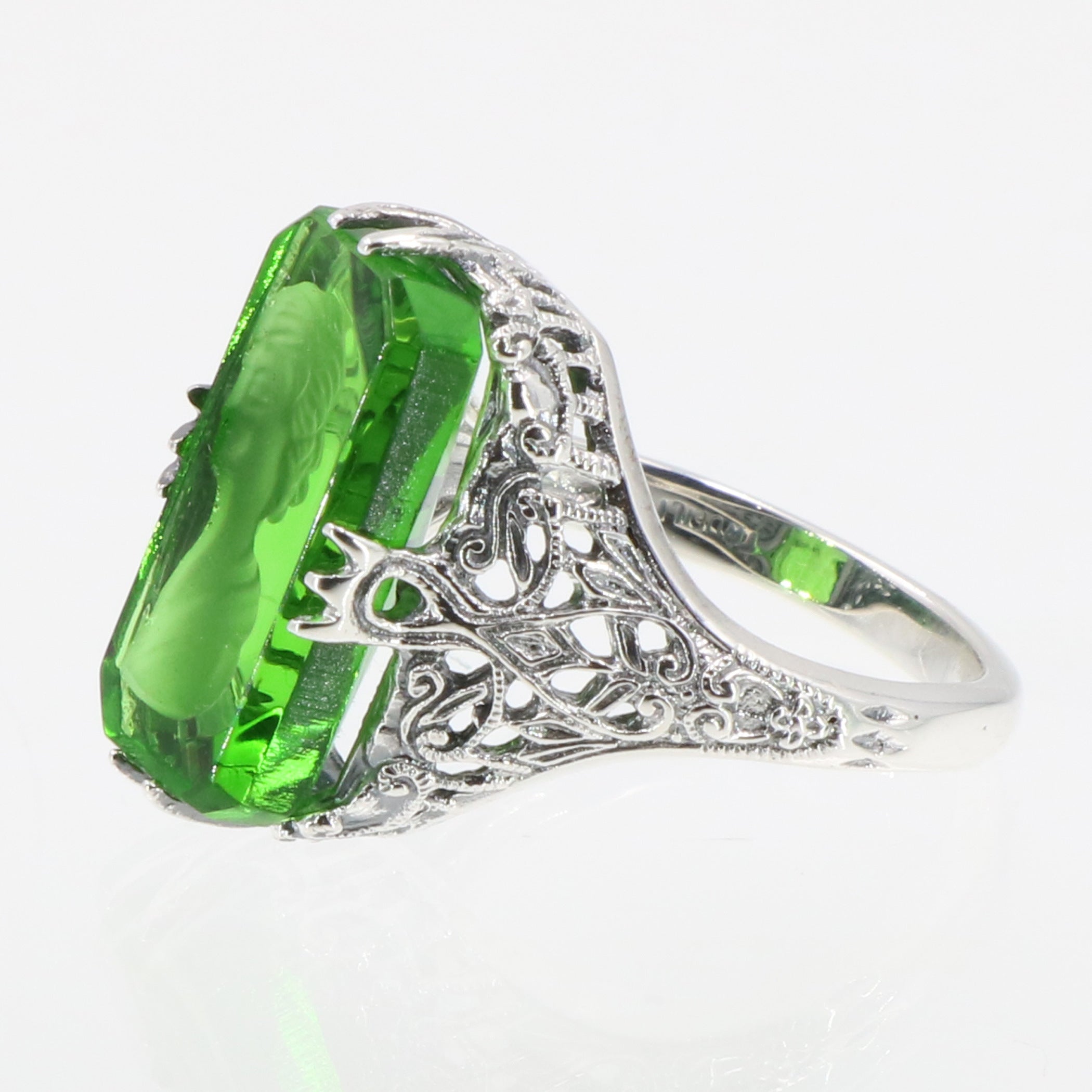 Detail view of Roman Style Green Crystal Reverse Intaglio Filigree Ring Sterling Silver highlighting Crystal