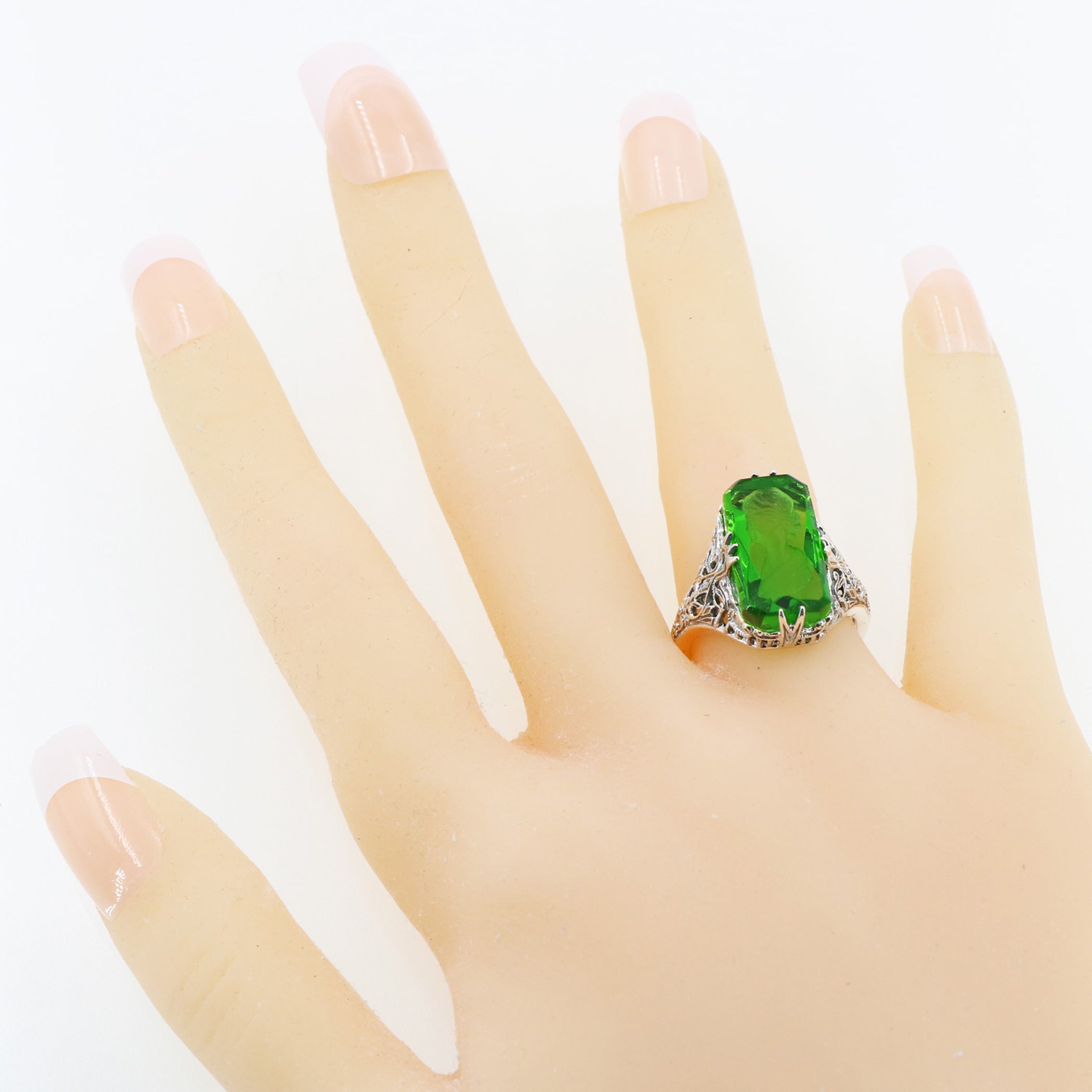 Detail view of Roman Style Green Crystal Reverse Intaglio Filigree Ring Sterling Silver highlighting Crystal