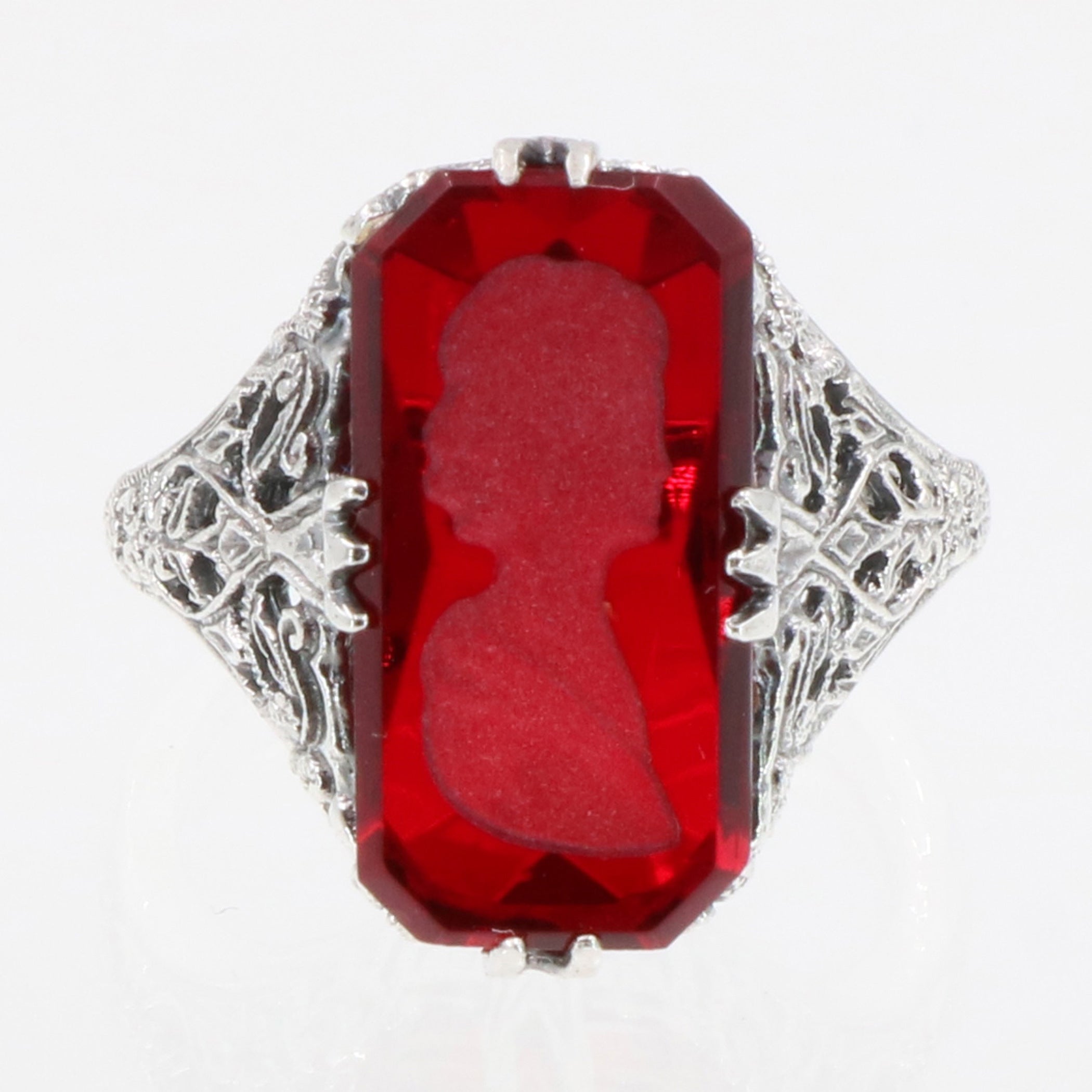 Back view of Roman Style Red Crystal Reverse Intaglio Filigree Ring Sterling Silver showing 925 sterling silver hallmark