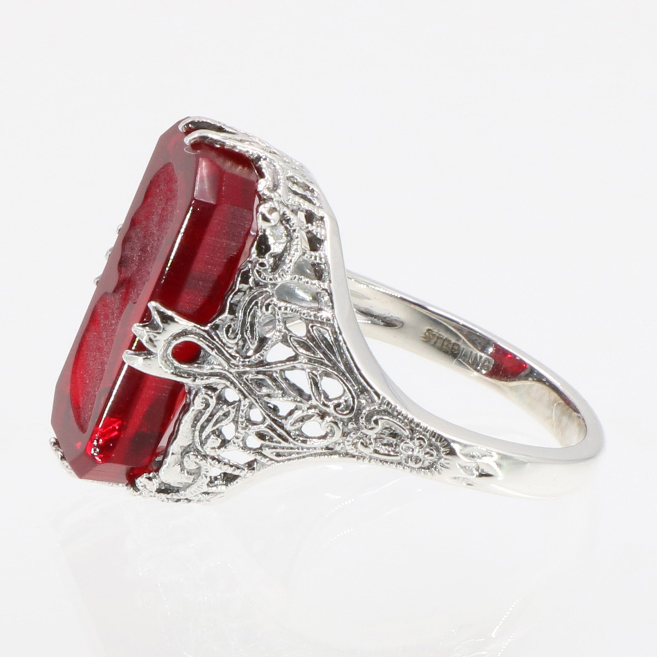 Detail view of Roman Style Red Crystal Reverse Intaglio Filigree Ring Sterling Silver highlighting Crystal