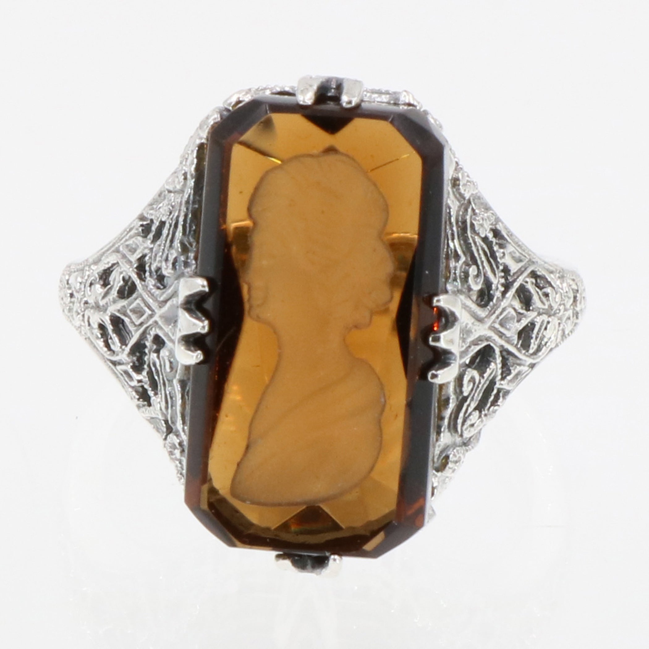 Detail view of Roman Style Brown Crystal Reverse Intaglio Filigree Ring Sterling Silver highlighting Crystal