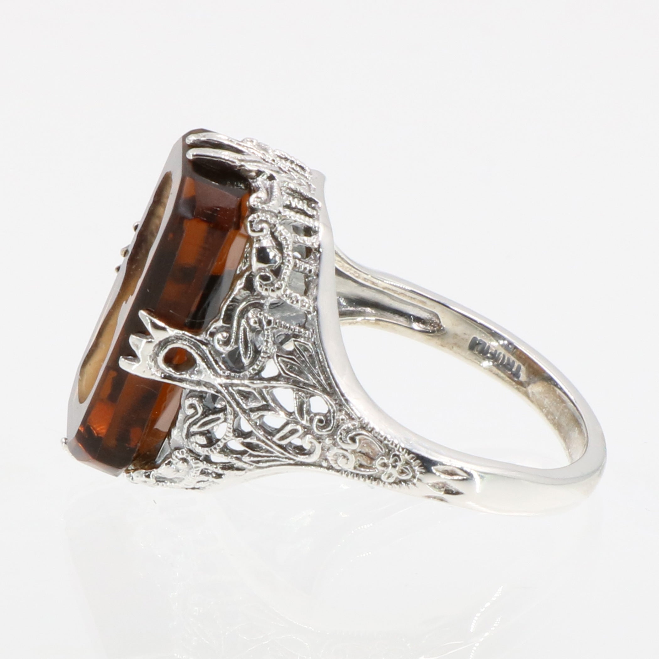 Detail view of Roman Style Brown Crystal Reverse Intaglio Filigree Ring Sterling Silver highlighting Crystal
