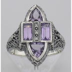 Detail view of Antique Style Four Stone Amethyst and Diamond Ring highlighting Amethyst, Diamond