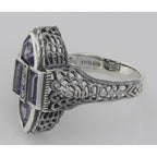 Back view of Antique Style Four Stone Amethyst and Diamond Ring showing 925 sterling silver hallmark