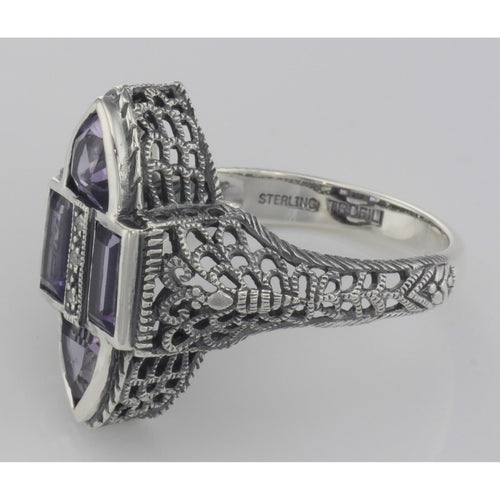 Back view of Antique Style Four Stone Amethyst and Diamond Ring showing 925 sterling silver hallmark