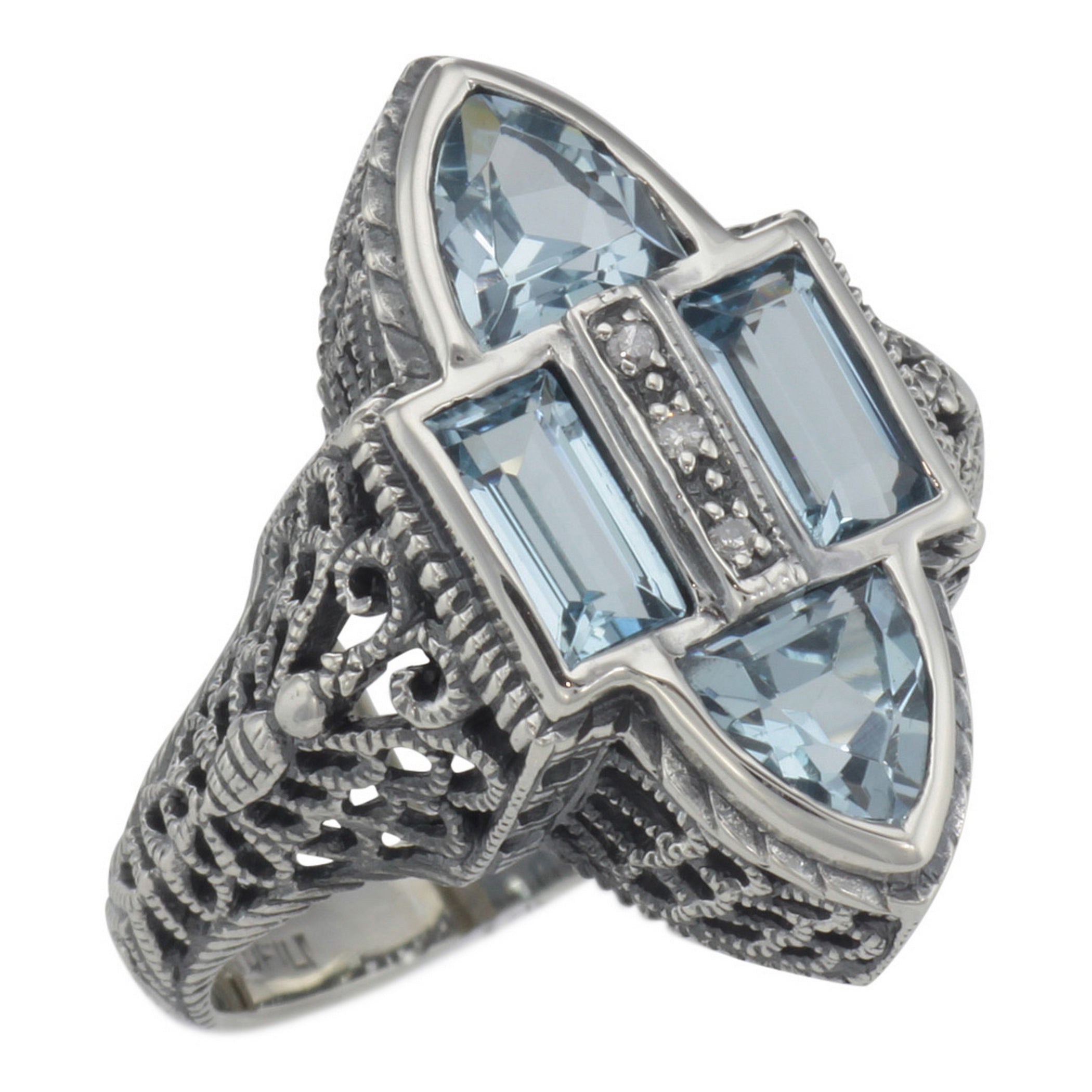 Antique style, Blue Topaz, Diamond, sterling silver rings, front view