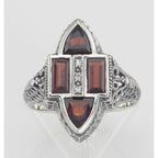 Detail view of Antique Style Four Stone Red Garnet and Diamond Ring highlighting Garnet, Diamond
