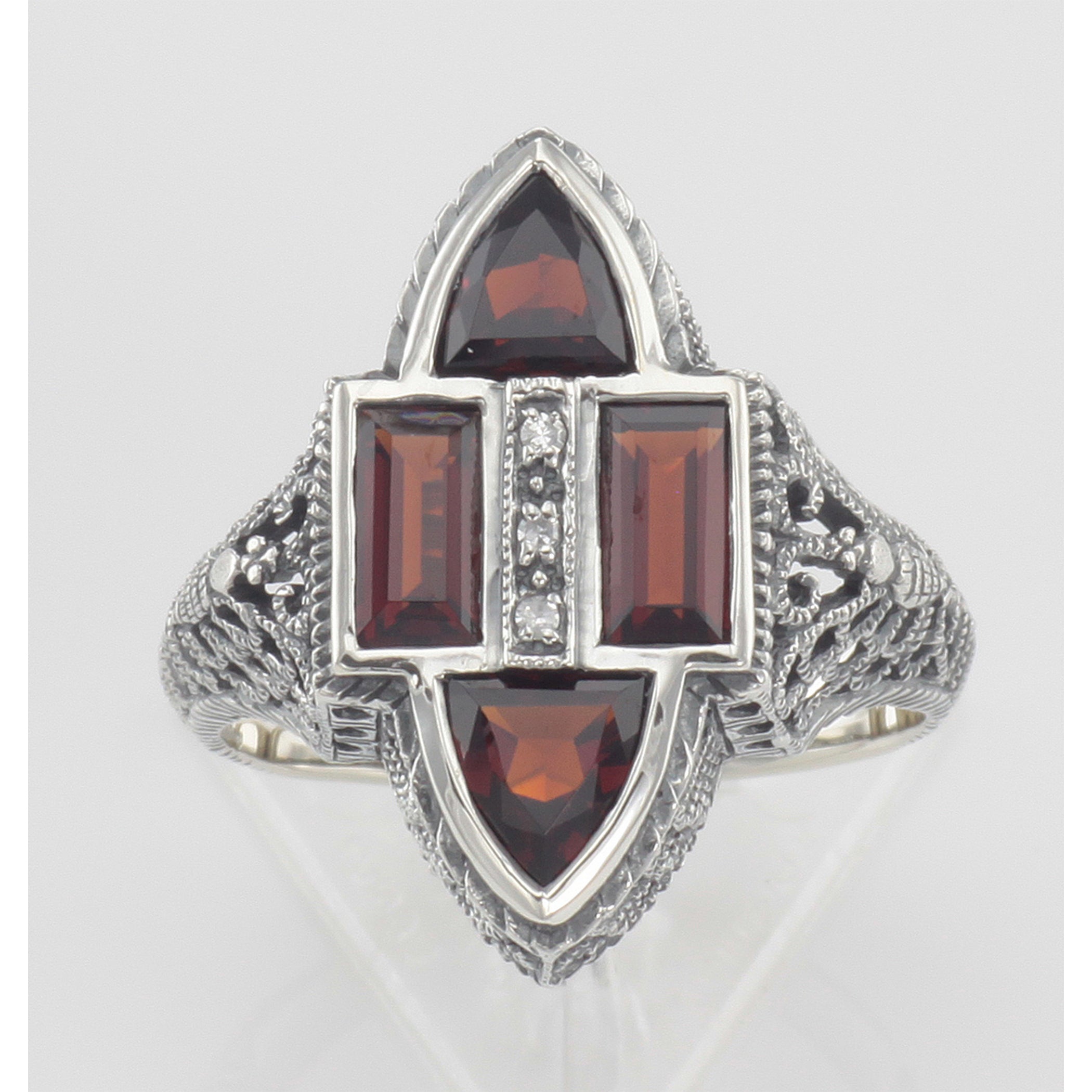 Detail view of Antique Style Four Stone Red Garnet and Diamond Ring highlighting Garnet, Diamond