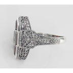 Back view of Antique Style Four Stone Red Garnet and Diamond Ring showing 925 sterling silver hallmark