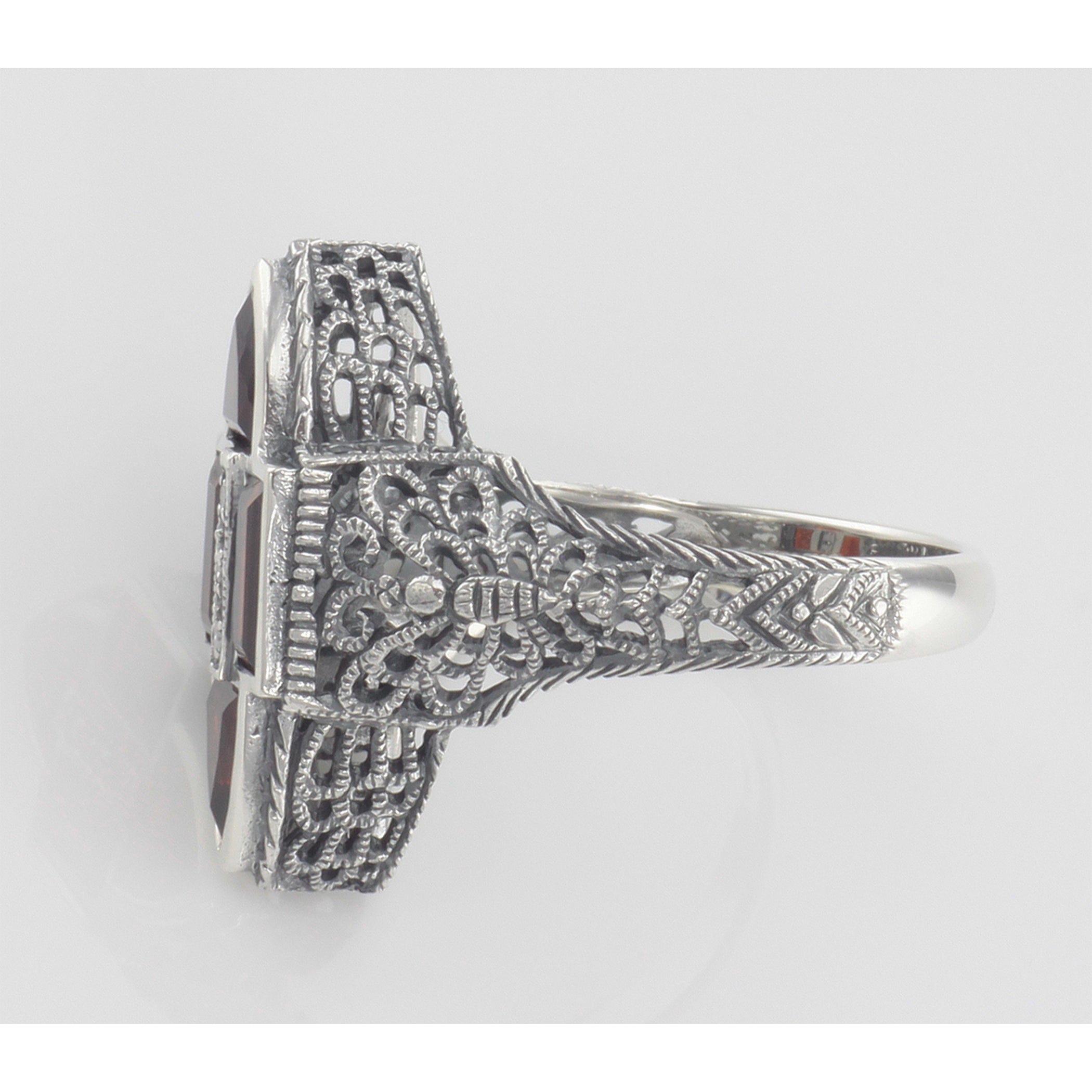 Back view of Antique Style Four Stone Red Garnet and Diamond Ring showing 925 sterling silver hallmark