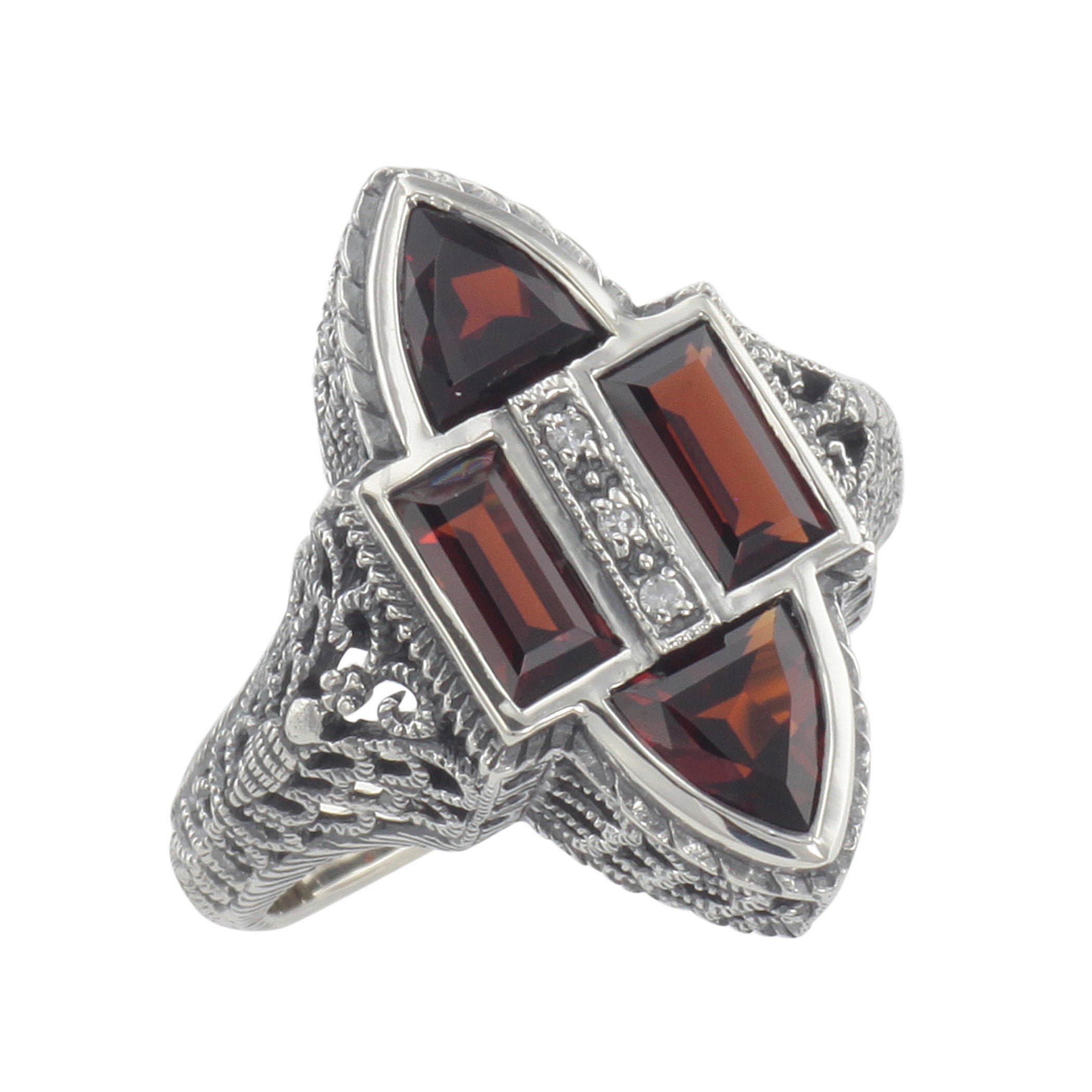 Antique style, Garnet, Diamond, sterling silver rings, front view