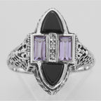Detail view of Art Deco Four Stone Black Spinel / Amethyst / Diamond Ring Sterling Silver highlighting Amethyst, Diamond