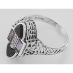 Back view of Art Deco Four Stone Black Spinel / Amethyst / Diamond Ring Sterling Silver showing 925 sterling silver hallmark 