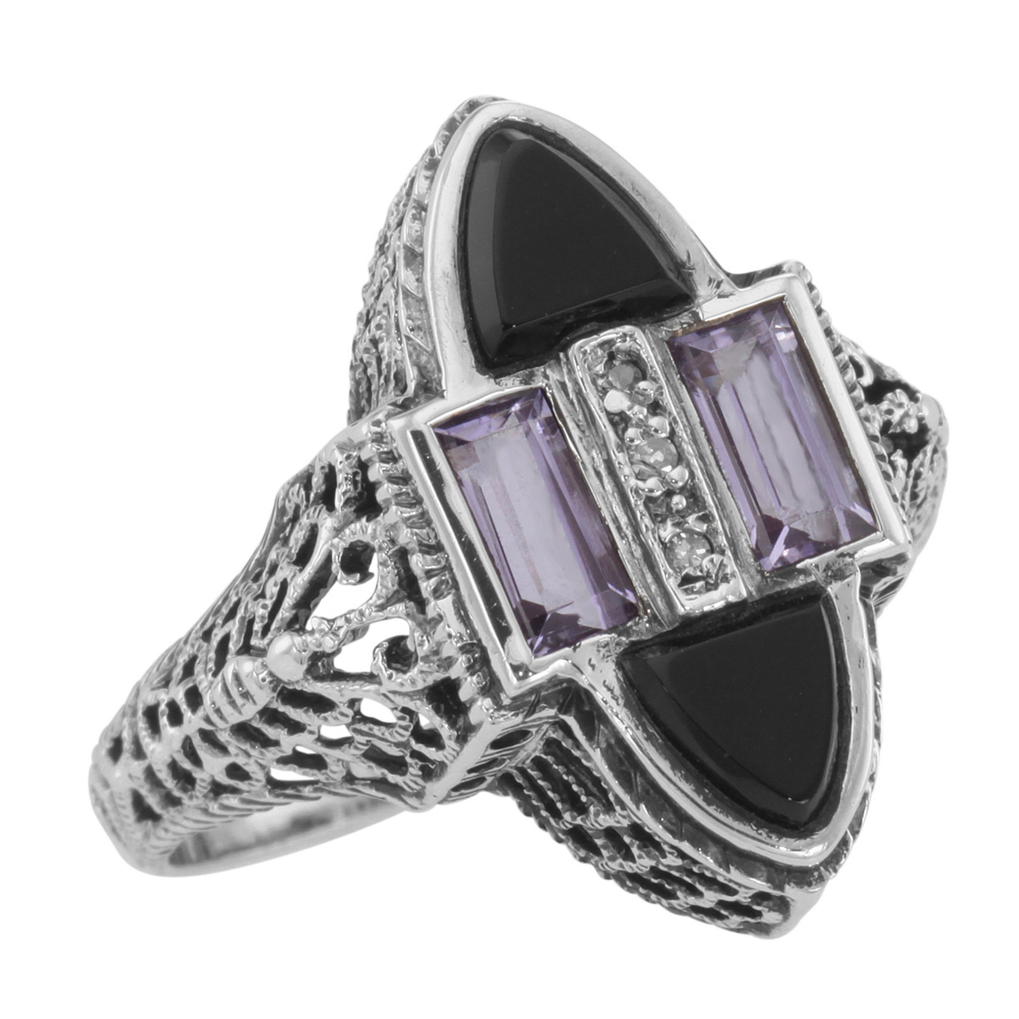 Art Deco style, Amethyst, Diamond, sterling silver rings, front view