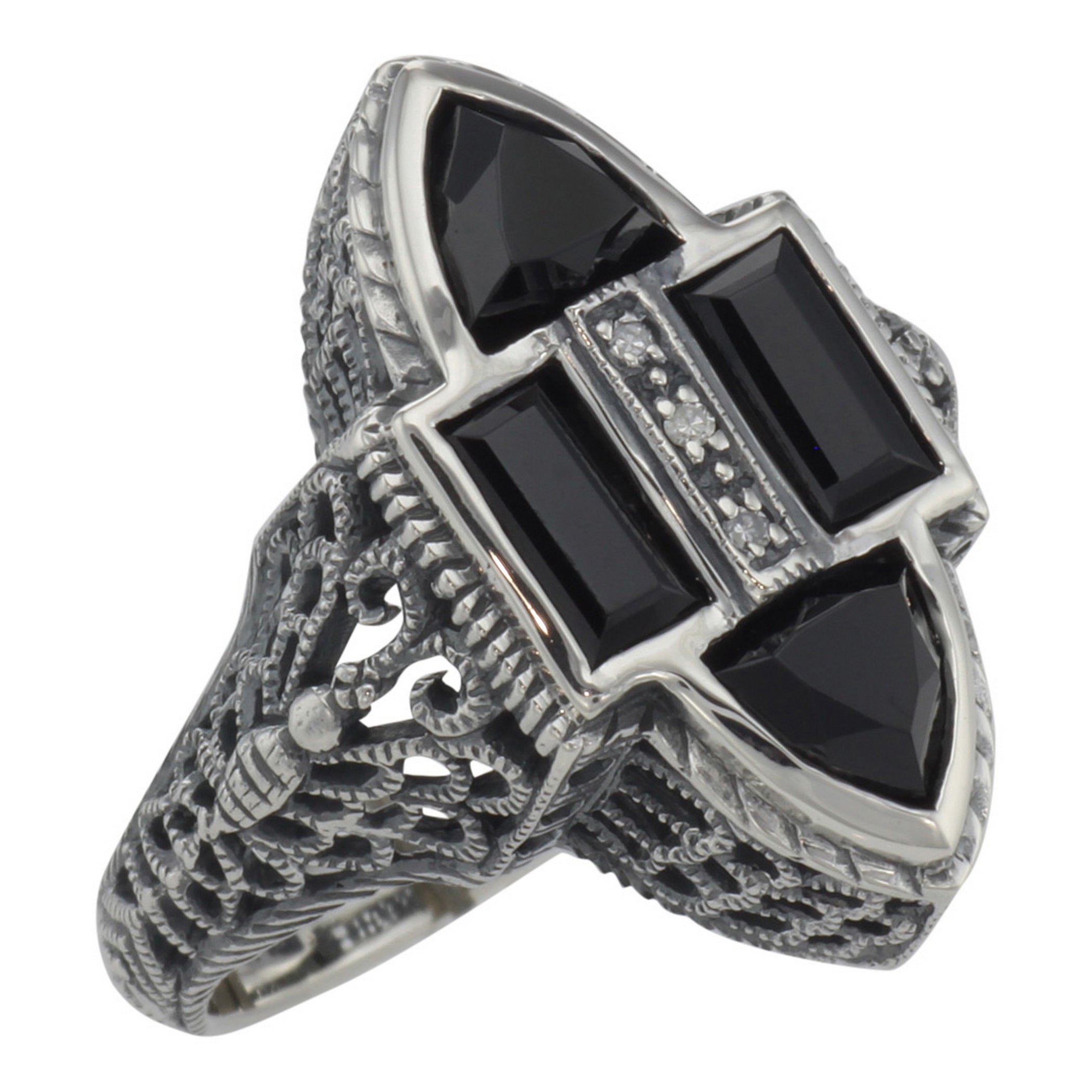 Antique style, Diamond, sterling silver rings, front view